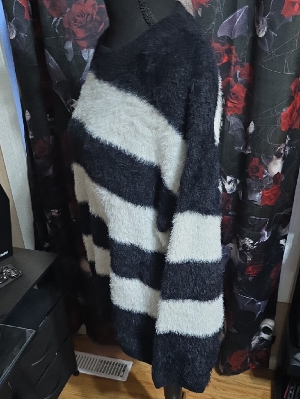 Striped Fuzzy Crewneck Sweater in Black and White - Picture 3 of 6